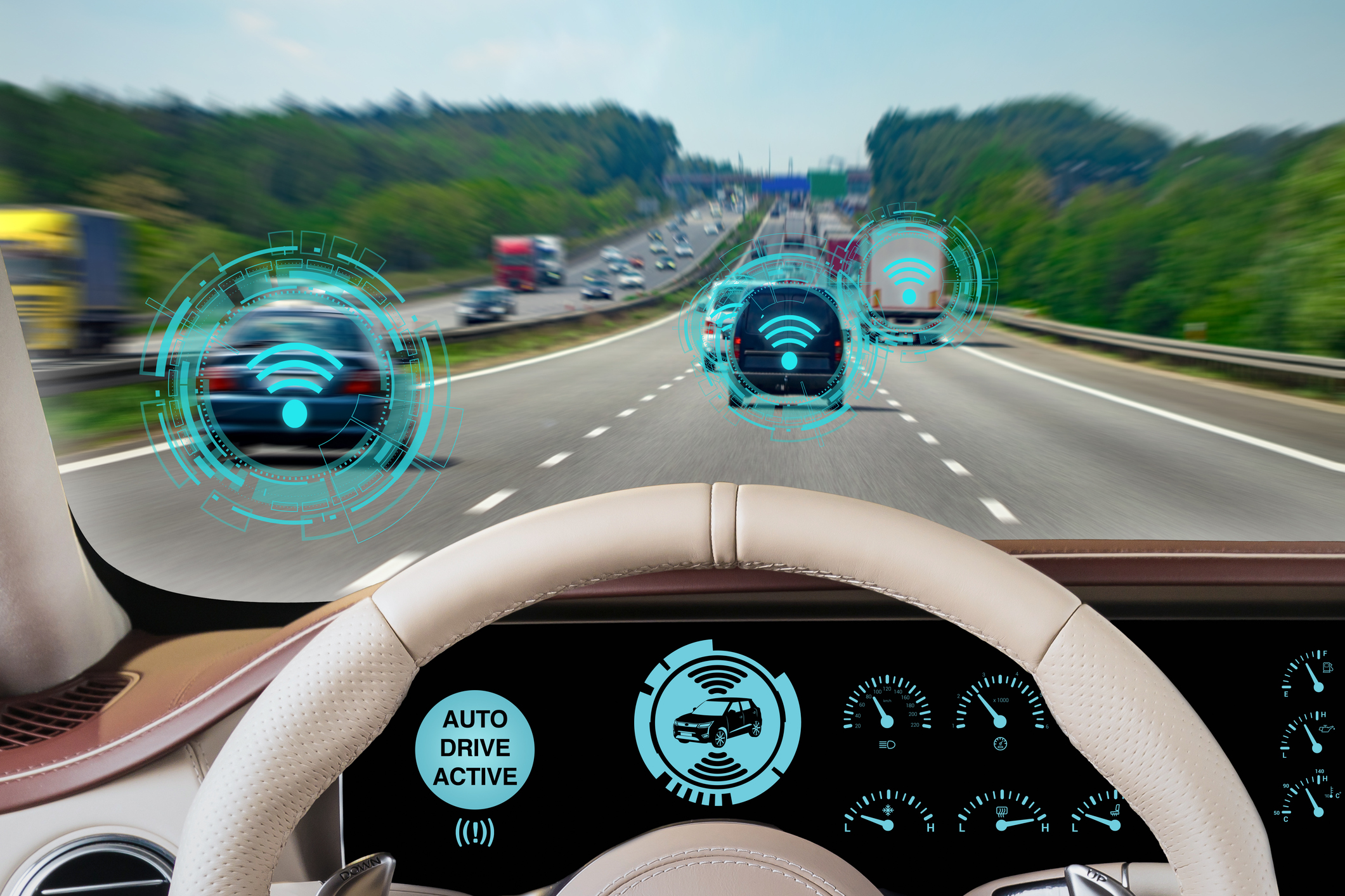 Experience the cutting-edge of automotive innovation with this dynamic image from the driver's perspective of an autonomous vehicle. The dashboard indicates 'AUTO DRIVE ACTIVE' with augmented reality (AR) heads-up display (HUD) elements. 