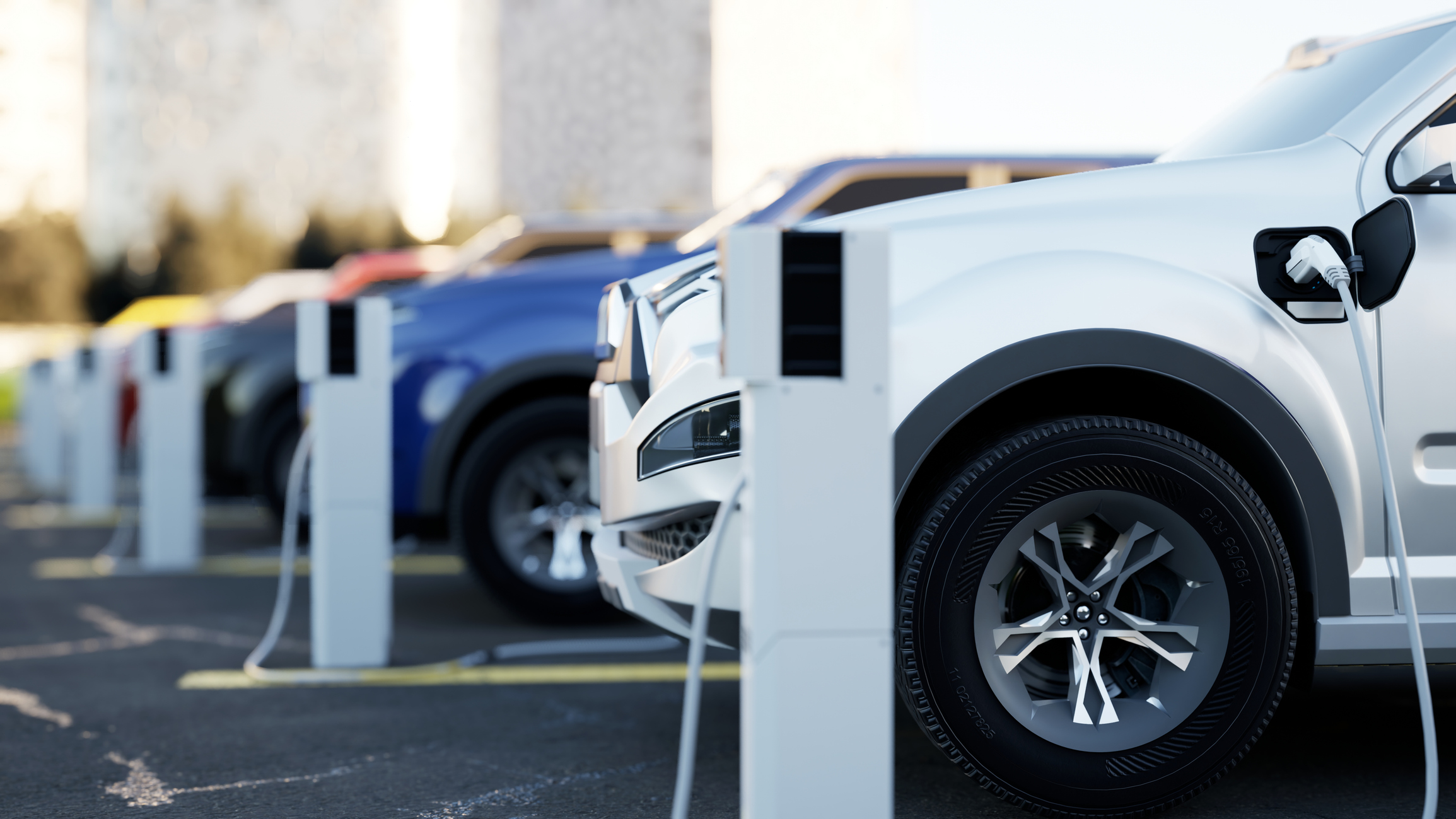 Close up of a 3D rendering of electric car on white background
